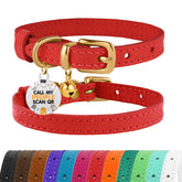 BRONZEDOG leather cat collar close-up with removable bell in red and gold highlighting craftsmanship and safety.