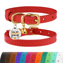 BRONZEDOG leather cat collar close-up with removable bell in red and gold highlighting craftsmanship and safety.