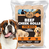 Brutus & Barnaby beef cheek rolls on a chew board; long-lasting for large dogs.