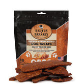 BRUTUS & BARNABY chicken-sweet-potato jerky pack highlights high-protein, grain-free dog treats.