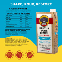 Brutus Beef Bone Broth bottle pouring over dry dog food to entice picky eaters
