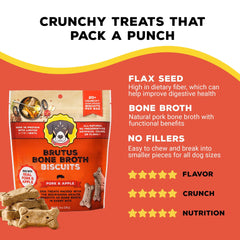 Brutus Bone Broth Biscuits cerdo y manzana, caja abierta; recompensa de entrenamiento.