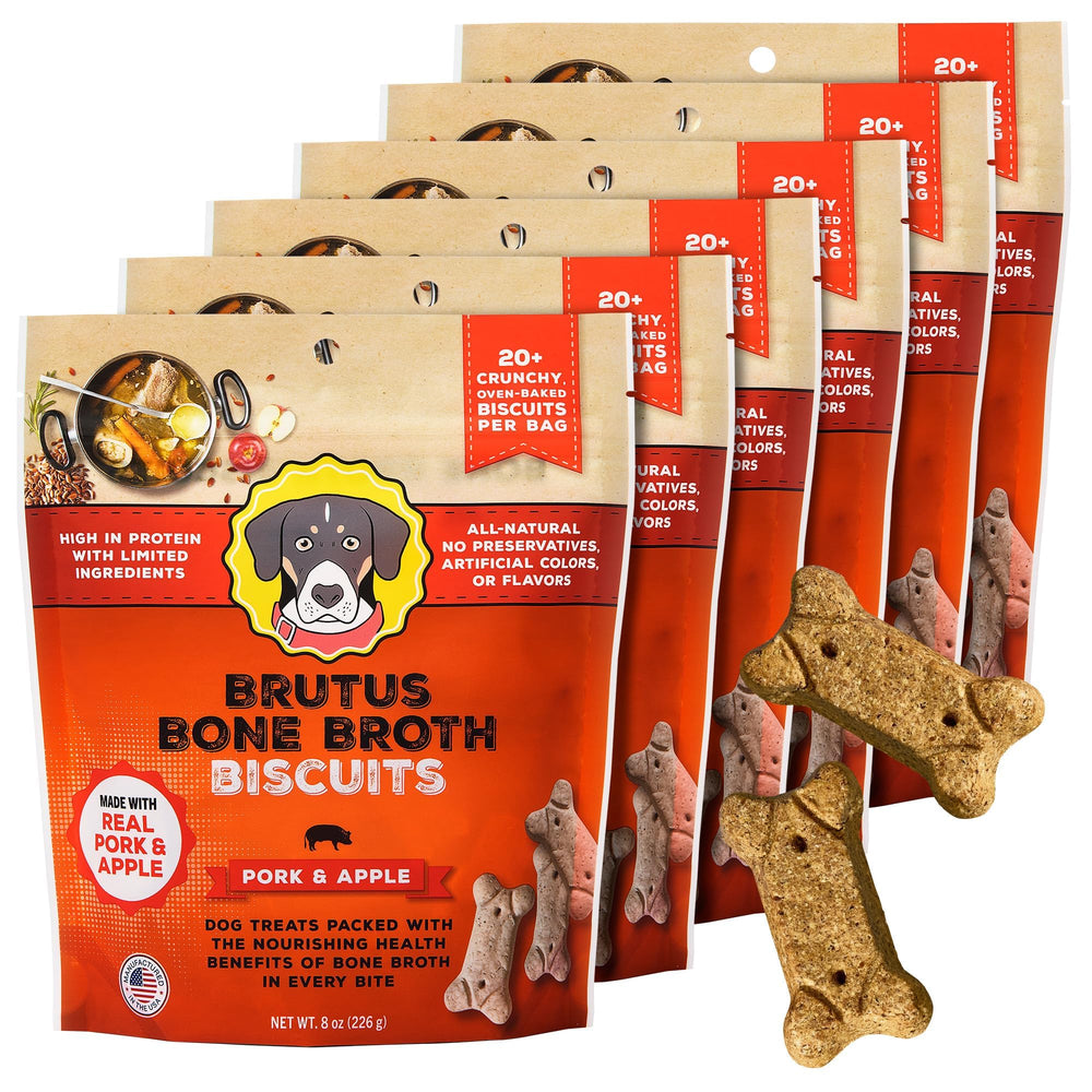 Brutus Bone Broth Biscuits cerdo y manzana, empaque frontal; snack sabroso para perros.