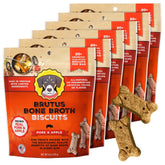 Brutus Bone Broth Biscuits cerdo y manzana, empaque frontal; snack sabroso para perros.
