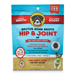 Brutus Bone Broth Powder packaging front shows natural ingredients for dogs.