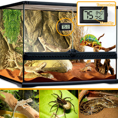 BSRESIN rectangle thermometer display showing temperature and humidity readouts in terrarium