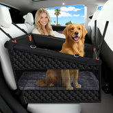 Buatis XL dog car seat cover on back seat offers a secure hammock for medium to large dogs.