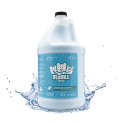 Bubble Bros deodorizing dog shampoo bottle pour shows easy application for odor control.