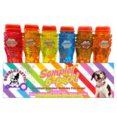 Bubbletastic dog bubble sampler bottle closeup highlighting safe play and scent variety