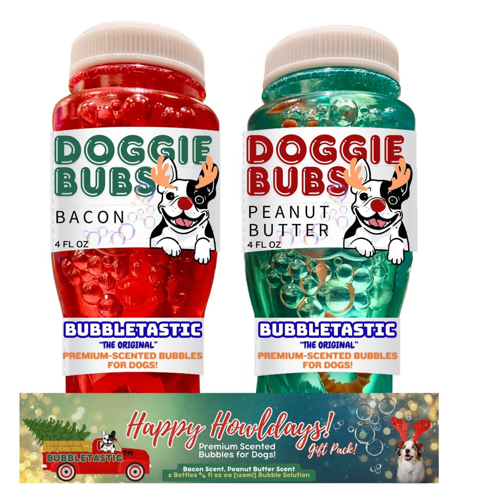 Bubbletastic holiday dog bubbles gift pack bacon-peanut-butter setup promotes active play and scent exploration.