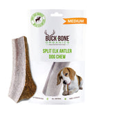 Buck Bone Organics elk antler medium dog chew packaging, long-lasting natural chew for dogs.