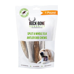 Buck Bone Organics elk antlers dog chews in bag for long-lasting chewing