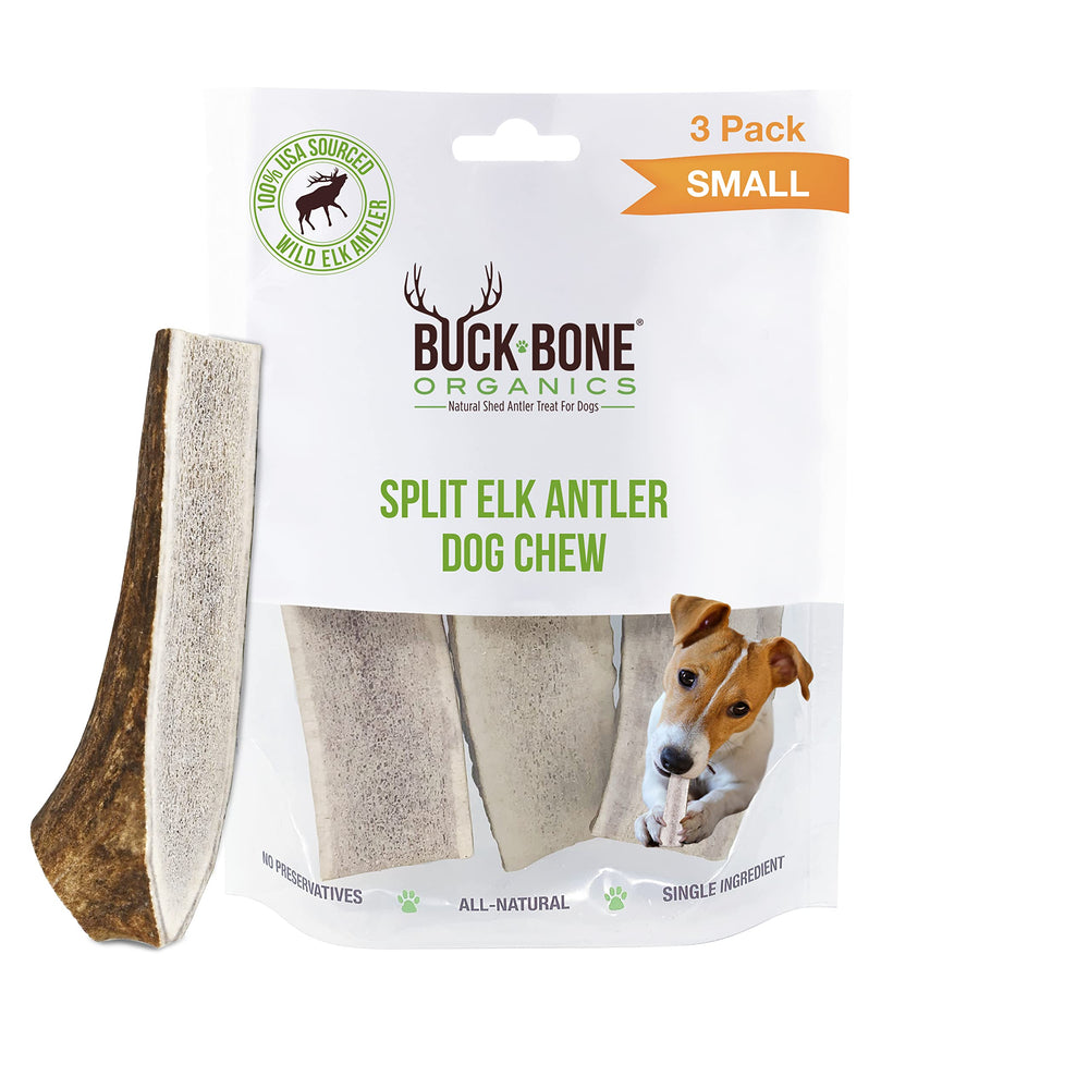 Buck Bone Organics elk antler chews in a small pack for long-lasting canine entertainment.