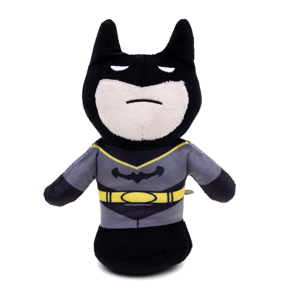 Buckle-Down Batman pose plush dog toy offers durable squeak for interactive play.
