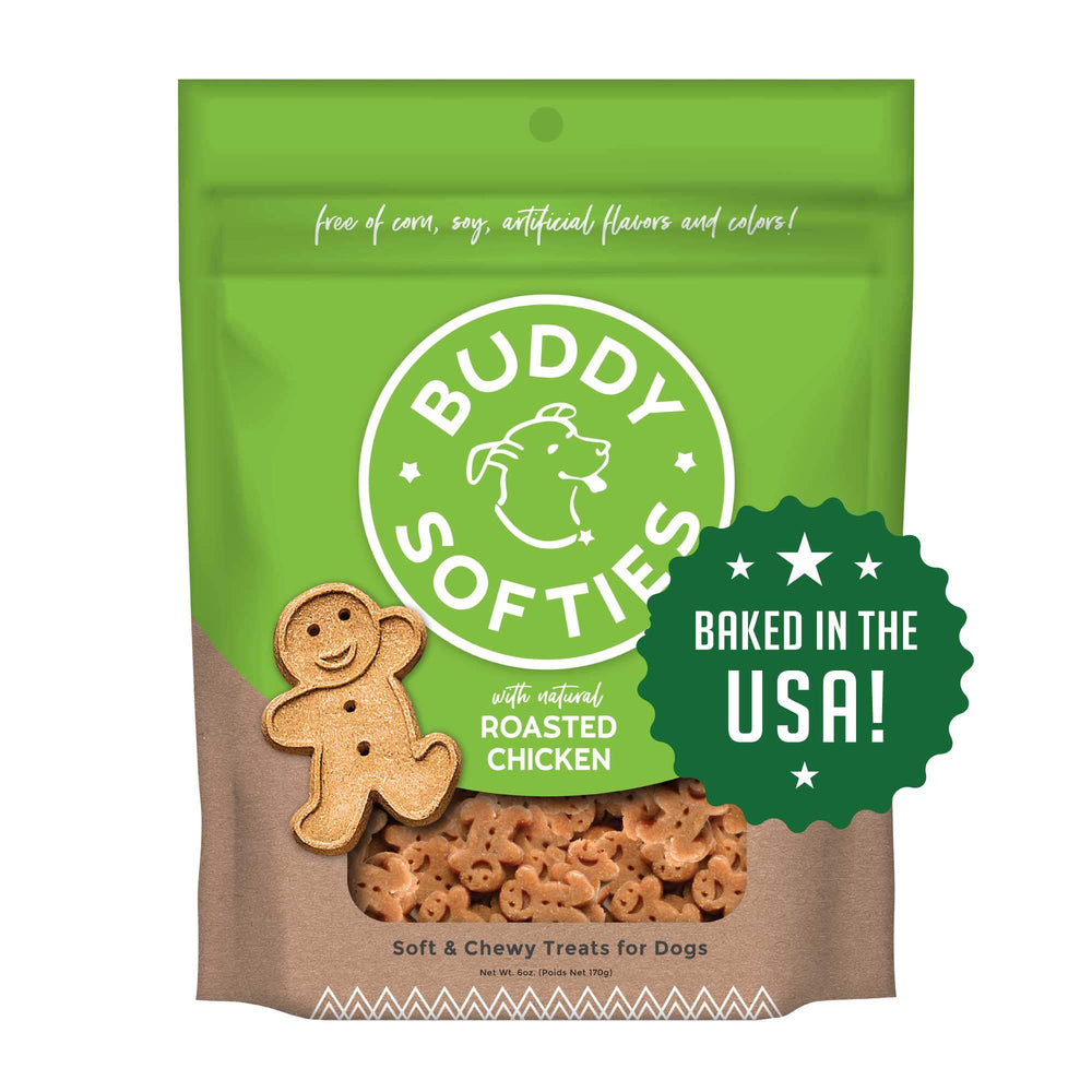 Buddy Biscuits roasted-chicken soft-chewy treats front view showing savory texture.
