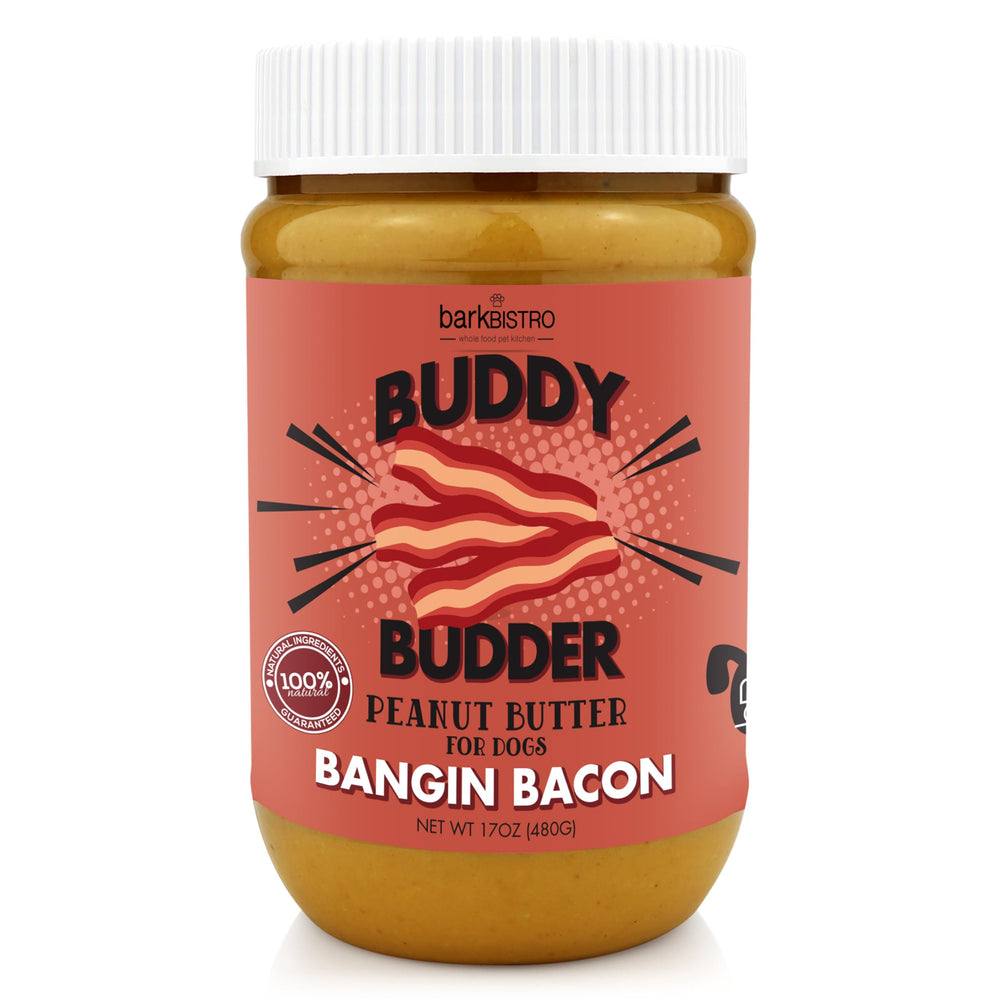 BUDDY BUDDER Bangin Bacon Peanut Butter jar shows all-natural ingredients for dog treats.