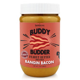 BUDDY BUDDER Bangin Bacon Peanut Butter jar shows all-natural ingredients for dog treats.