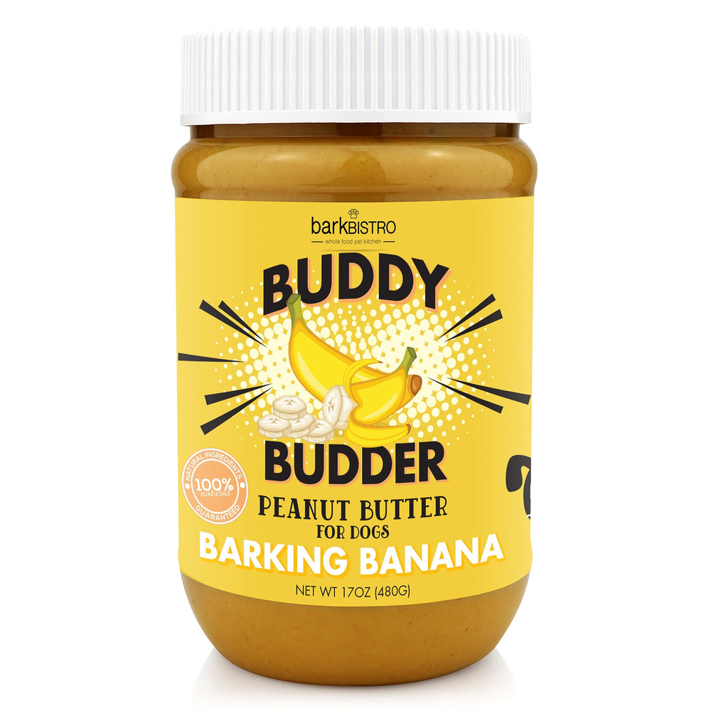 BUDDY BUDDER Barkin' Banana frasco 17oz para perros, mantequilla de maní natural y sabrosa
