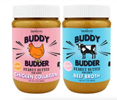 Buddy Budder beef broth peanut butter jar shows creamy texture ideal for dog treats.