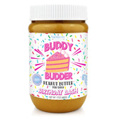 Buddy Budder Birthday Bash jar with natural ingredients for a tasty dog treat.