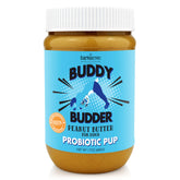 Buddy Budder Bow-Wow Blueberry jar closeup highlighting creamy texture for easy serving and dog joy.