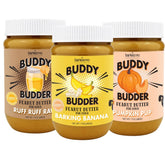 Buddy Budder Pumpkin Pup jar shows natural pumpkin flavor for tasty training treats.