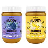 Buddy Budder Superberry Snoot jar close-up highlighting natural ingredients for dog treats
