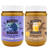 Buddy Budder Superberry Snoot jar front shows natural ingredients for a tasty dog treat.