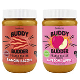 Buddy Budder Awesome Apple peanut butter jar label highlights natural ingredients for healthy dog snacking