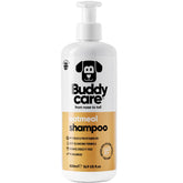 Buddycare oatmeal dog shampoo bottle shows hypoallergenic formula for sensitive skin relief.