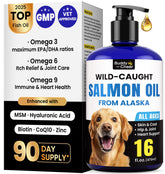 BuddyCheer aceite salmón Alaska, botella visible, apoyo piel sana y pelaje brillante.