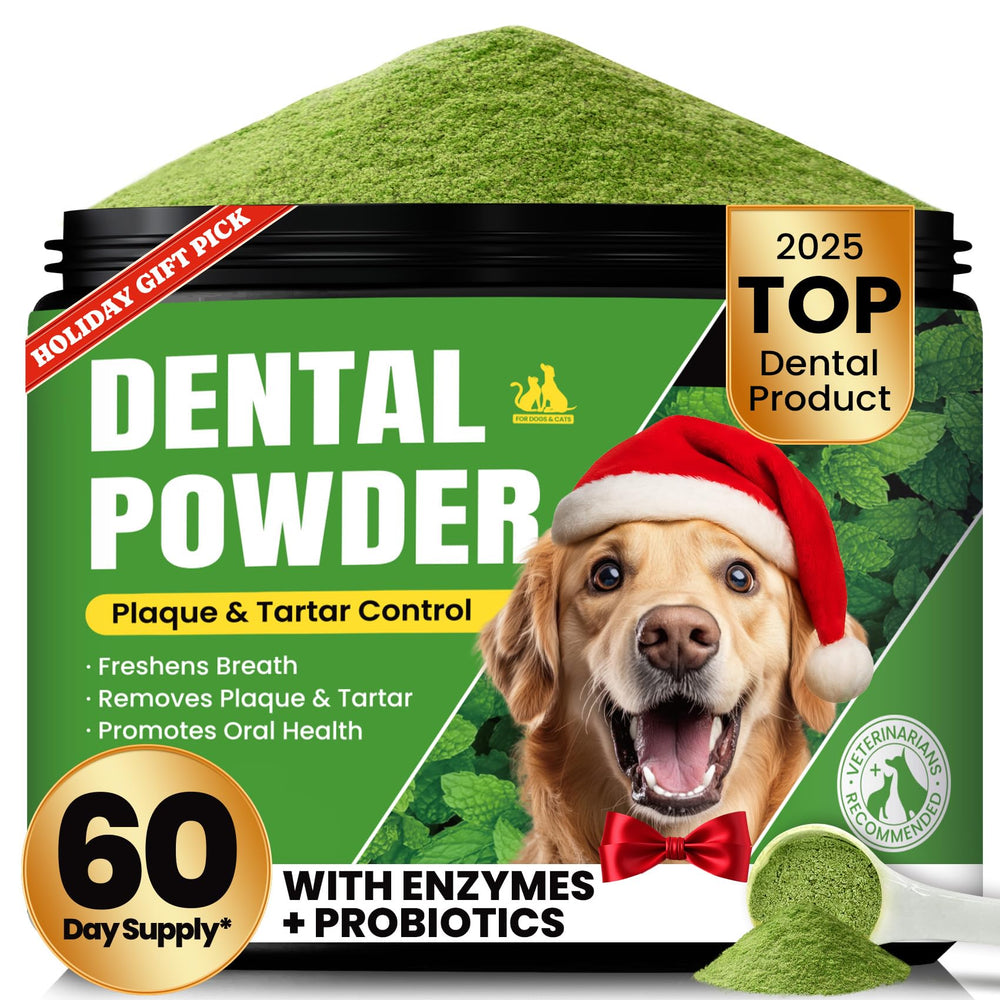 BuddyCheer dog dental powder bottle showing long-lasting 60-day supply for easy at-home cleaning.
