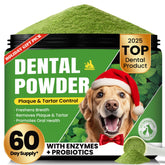 BuddyCheer dog dental powder bottle showing long-lasting 60-day supply for easy at-home cleaning.