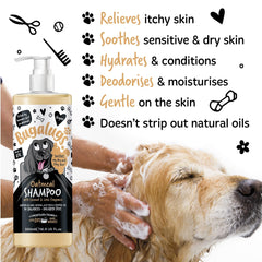 BUGALUGS shampoo lather demonstrates gentle cleaning for sensitive dogs.