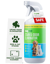 BugMD enzyme cleaner pet-stain-action: targets fresh and set-in stains on carpets and upholstery.