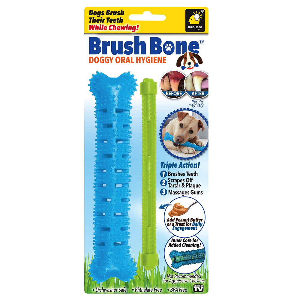 BulbHead BrushBone close-up shows a durable chew toy designed to help clean teeth during play.