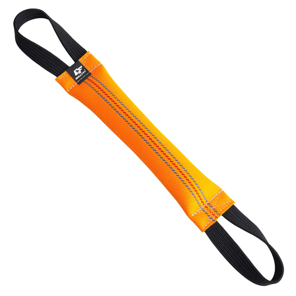 Bull Fit bungee dog tug toy with two handles showing durable fire hose material for safe tug sessions.