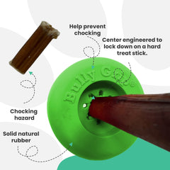 Bully Grip fit-treat-stick demonstrates compatibility with sticks 1/2–3/4 inch for safer, slower chews