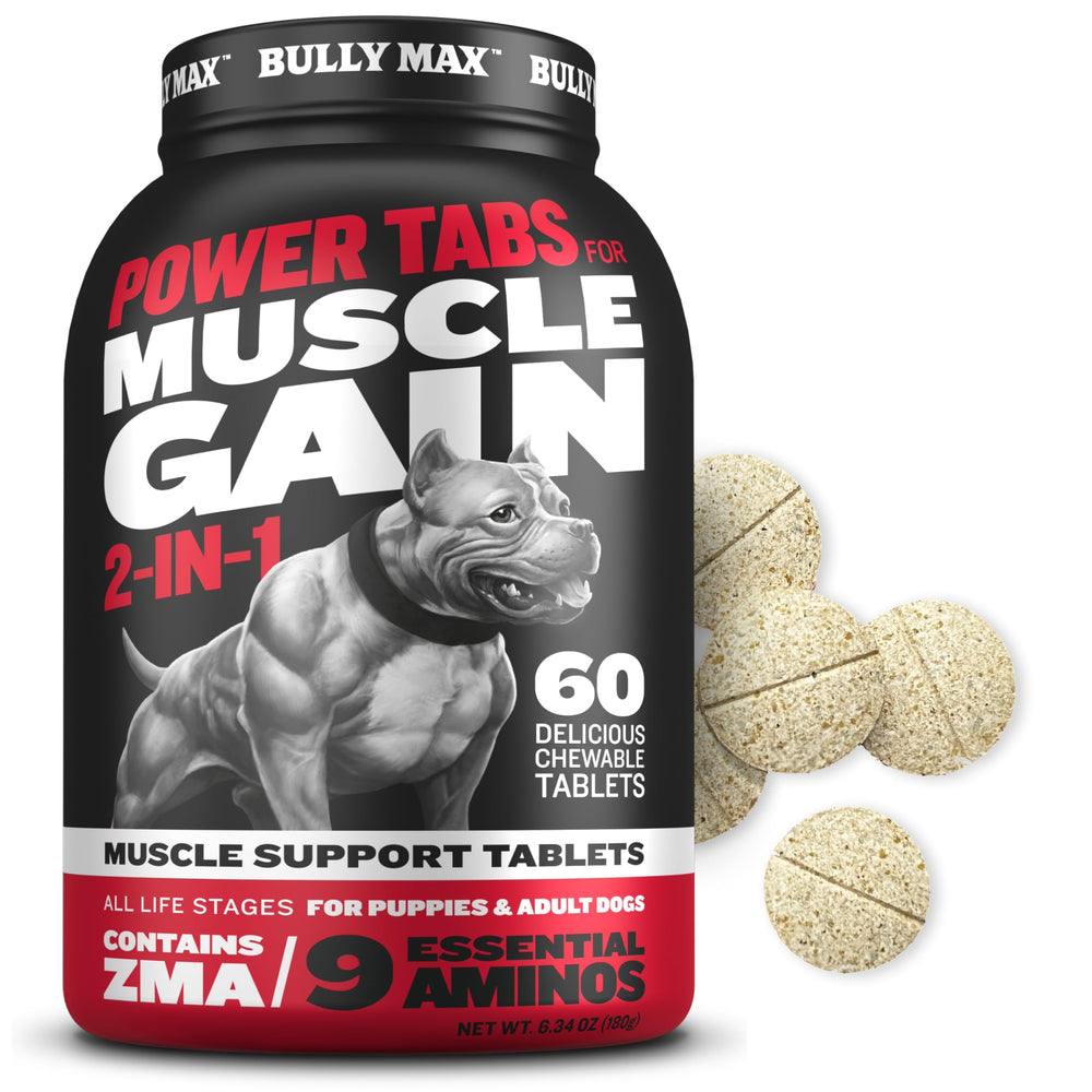 Bully Max Muscle Builder Tabs bottle showing chewable dog vitamins for growth.