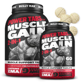 Bully Max Power Tabs bottle label highlights muscle support and premium dog vitamins.