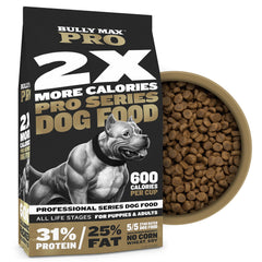 Bully Max Pro 2X dry dog food bag closeup highlighting calorie-dense formula for dogs