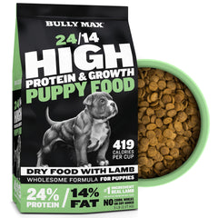 Bully Max Puppy Food bag displays branding with growth-focused nutrition.