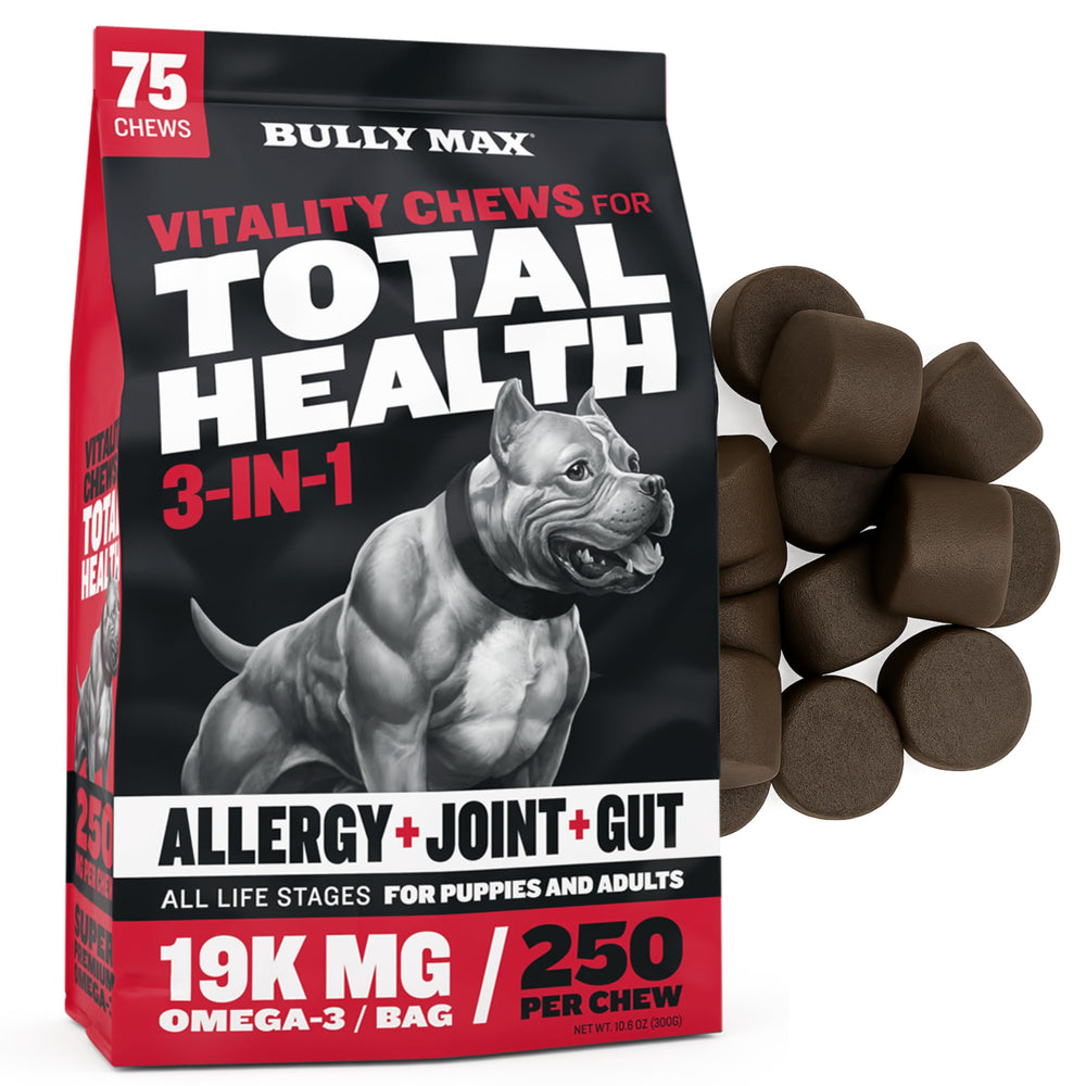Bully Max Total Health chews packaging highlights vet-approved all-breeds formula