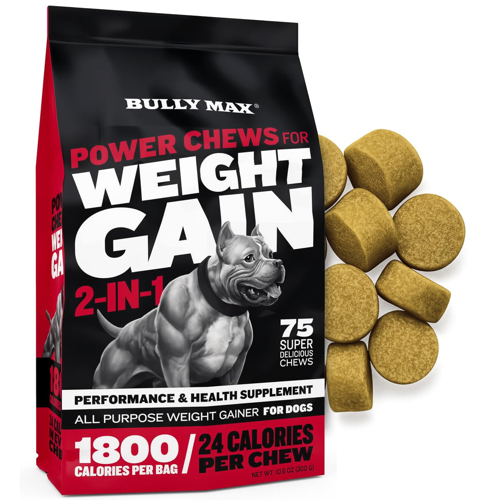 Bully Max Weight Gainer chews bag closeup showing energy-dense nutrition for dogs.
