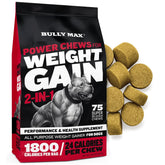 Bully Max Weight Gainer chews bag closeup showing energy-dense nutrition for dogs.