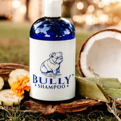 The Bully Company bully shampoo bottle showcases plant extracts and oils for moisturized skin.