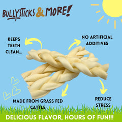 bullysticks-more-12-count-beef-cheek-braids image shows bulk chews for longer-lasting dog boredom relief.
