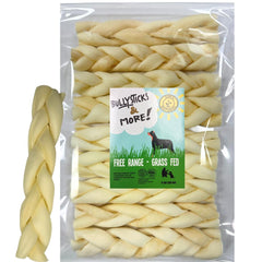 BULLYSTICKS & MORE beef cheek braids pack closeup highlights premium, protein-rich dog chews.