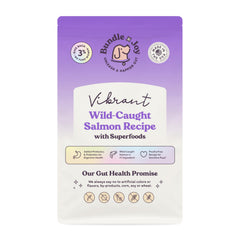 Bundle x Joy Vibrant Salmon Dry Dog Food bag with real salmon first ingredient.