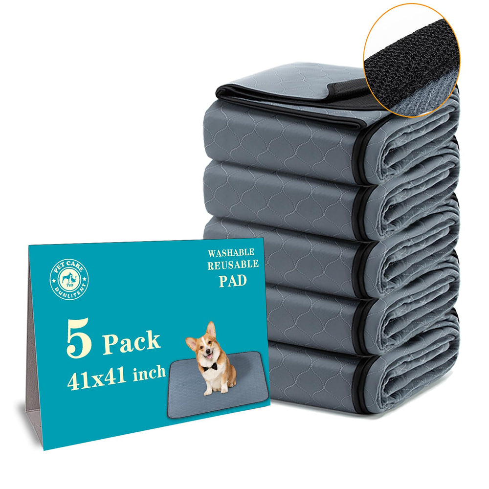 Bunlitent Washable Pee Pad 41x41 flatlay highlights a 5-pack for quick, reusable housebreaking.